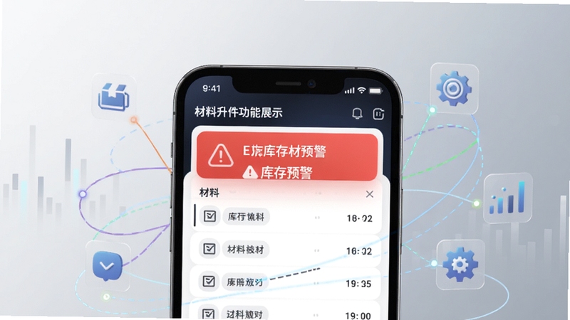 材料升软件功能展示图,画面中央为手机屏幕特写,显示库存预警红色提示与材料列表,周围环绕数据线条与图标元素,背景为浅灰色渐变,科技感与实用感结合,Boogu模型生成,高清简洁