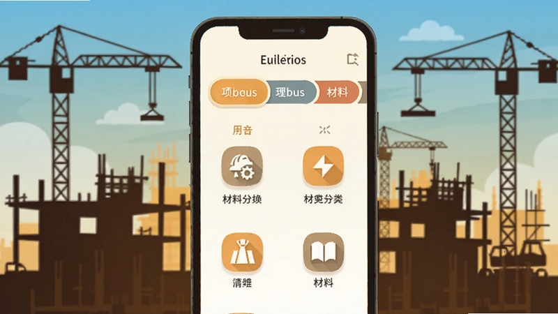 材料升多项目切换界面示意图,手机屏幕显示多个项目标签页与材料分类图标,背景为建筑工地剪影与蓝天,色调温暖,扁平化设计风格,突出分类管理概念