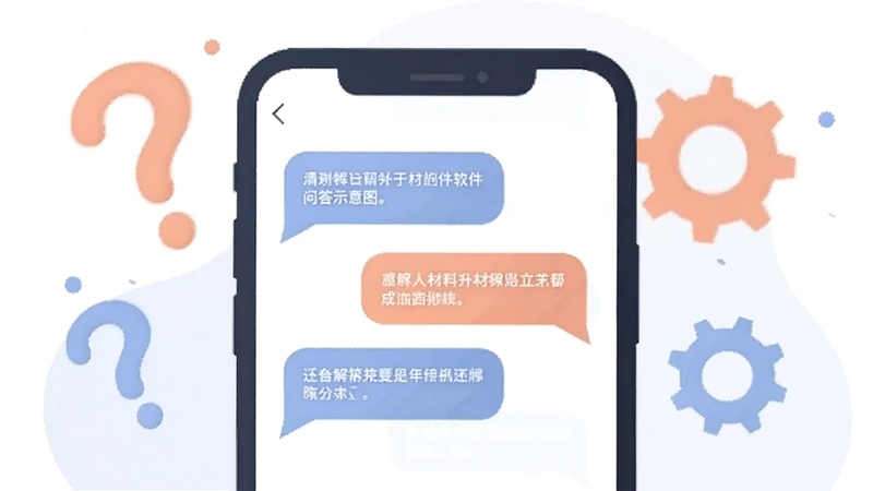 材料升软件问答示意图,画面为手机屏幕显示问答对话气泡,背景有问号与齿轮图标,色调柔和,扁平插画风格,突出解答与帮助主题