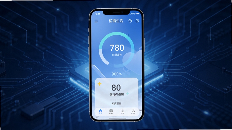 松梧生活轻量运行低耗优化概念图,画面主体为手机屏幕显示流畅运行状态与低内存占用标识,屏幕位于画面中央,背景区域为深蓝色科技感光效,线条简洁现代,突出轻盈流畅感,高清细节,适配Boogu模型生成