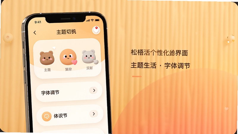 松梧生活个性化设置界面展示,画面主体为手机屏幕显示主题切换与字体调节选项,屏幕位于画面中央偏左,背景区域为柔和暖色渐变,界面元素圆润友好,整体风格舒适,高清细节,适配Boogu模型生成