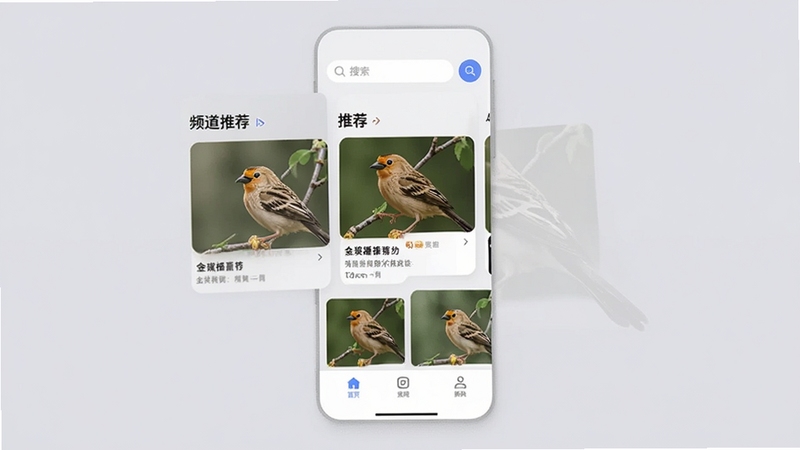 一张金雀播播手机端首页界面展示图,顶部搜索框,中部频道推荐卡片,底部导航栏,整体布局干净整洁,背景为柔和浅灰色,适配Boogu模型生成