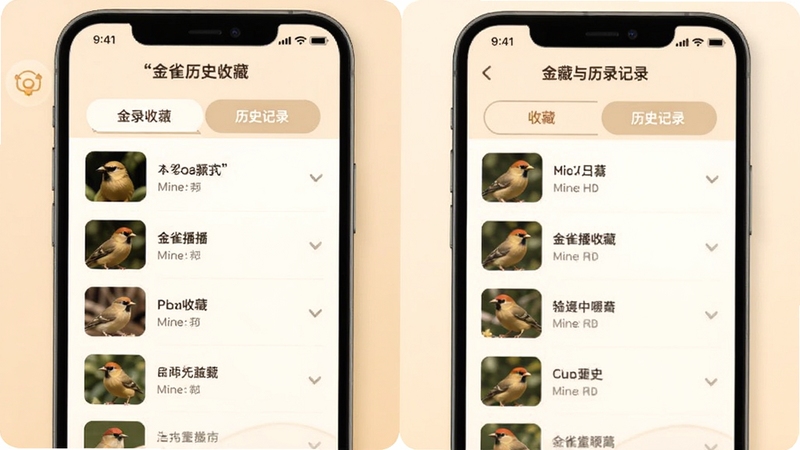 金雀播播收藏与历史记录功能界面,手机屏幕显示收藏列表和历史记录两个标签页,列表中有频道缩略图和名称,界面风格温馨简洁,适配Boogu模型生成