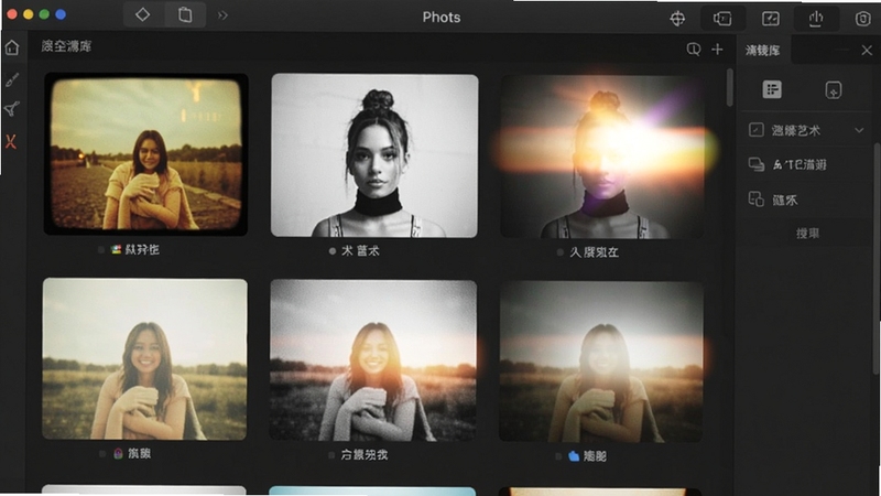 Photo Effects 滤镜库界面,展示多种风格缩略图,包括复古胶片、黑白艺术、光晕漏光等效果,背景为深色工作区,突出色彩对比