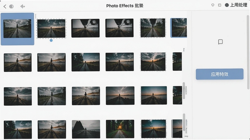 Photo Effects 批量处理界面,展示多个图片缩略图列表与统一应用特效按钮,背景为浅色,界面整洁高效