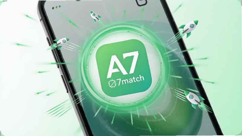 A7match 性能优化示意图,画面展示手机加速清理动画,中心为 A7match 图标被绿色光环环绕,四周有速度线和小火箭图标,背景为清爽的白色与浅绿色渐变,突出流畅与快速,适配 Boogu 模型生成。