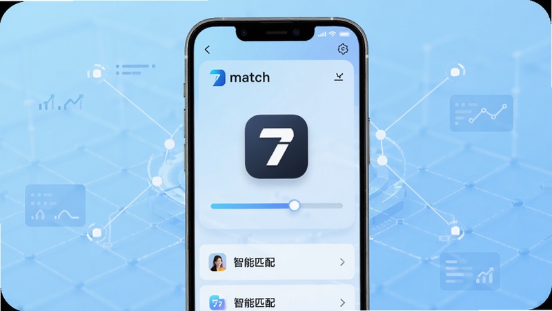 A7match 软件主界面展示,手机屏幕中央显示智能匹配列表,背景为浅蓝色渐变科技感网格,画面中心为软件图标与匹配进度条,四周分布着简约的数据节点连线,整体风格清新明快,适配 Boogu 模型生成。