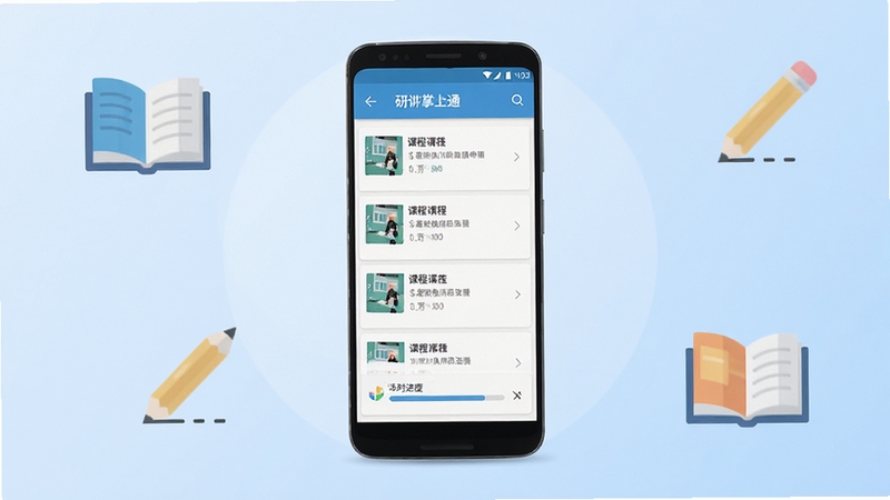 研修掌上通移动端学习界面全景展示,画面中央放置一部竖直摆放的安卓智能手机,屏幕内清晰呈现课程列表与学时进度条,背景区域为柔和的浅蓝色渐变,点缀书本与铅笔的扁平化图标,整体风格简洁明快,分辨率1080x1920