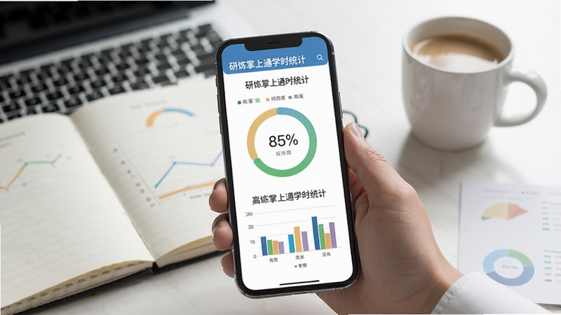 研修掌上通学时统计页面,手机屏幕展示环形进度图与柱状图,背景为简洁的办公桌面,放置笔记本与咖啡杯,体现高效管理学习进度的场景