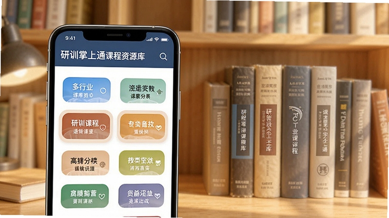 研修掌上通课程资源库界面,画面主体为手机屏幕显示多行业课程分类标签栏,背景为虚化的书房场景,书架上摆放各类专业书籍,色调温暖明亮,突出学习氛围