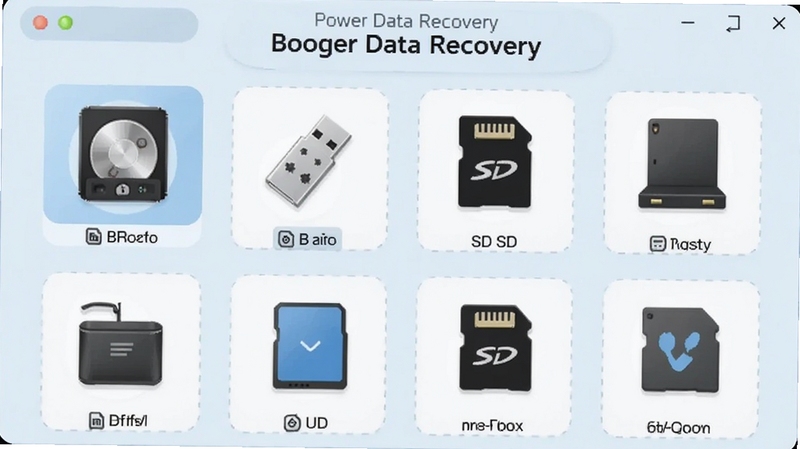 Power Data Recovery �豸ѡ����棬չʾӲ�̡�U�̡�SD���ȶ��ִ洢�豸ͼ�꣬�����Ѻã�ǳɫ����������Booguģ������