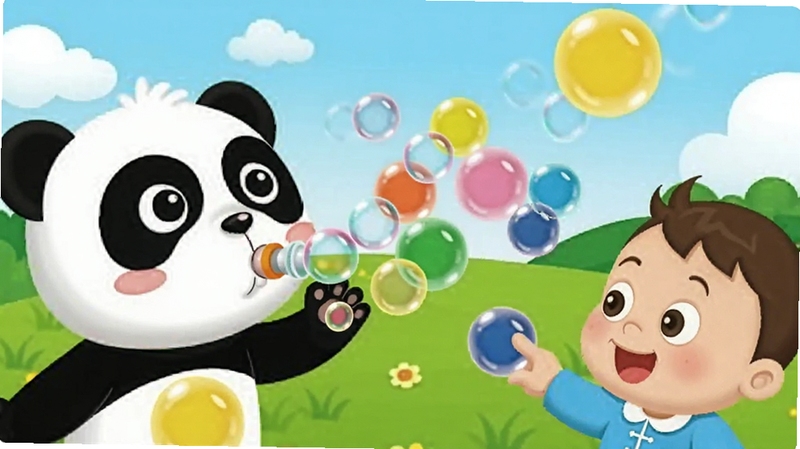 安慰小宝宝 趣味互动小游戏 画面展示宝宝巴士熊猫角色在吹泡泡 五彩斑斓的泡泡飘在空中 小朋友点击泡泡 背景是绿色草地和蓝天 阳光明媚 卡通风格 充满童趣