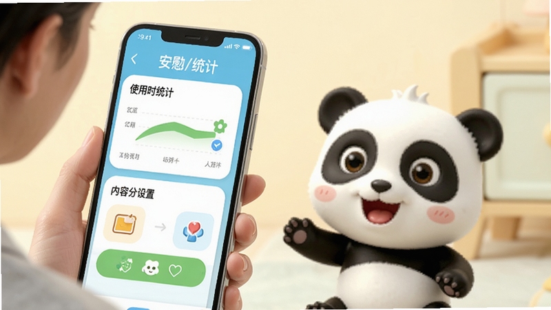 安慰小宝宝 家长辅助功能 画面展示家长手机界面 显示使用时长统计和内容分级设置选项 旁边有宝宝巴士熊猫角色 背景简洁 色调温和 突出功能界面 适合家长查看