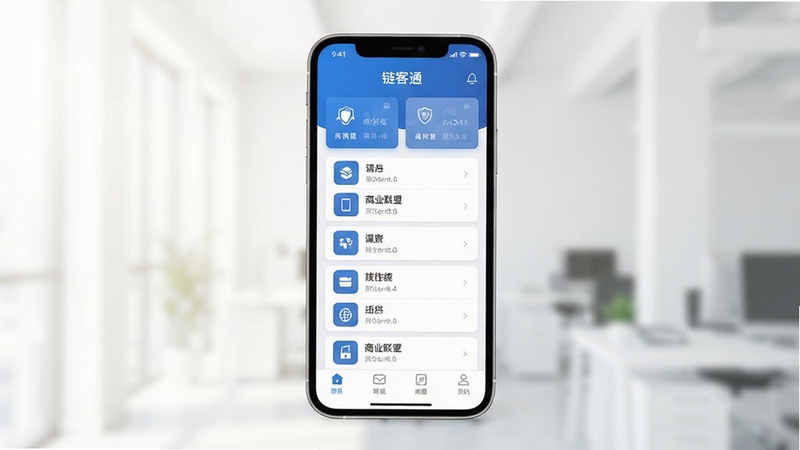 链客通 商业联盟 应用界面 手机屏幕 展示 现代 简洁 风格 蓝色 主色调 图标 列表 卡片 布局 高清 细节 丰富 专业 设计 场景 明亮 背景 虚化 突出 应用 主体 居中 构图 柔和 光影 质感 细腻