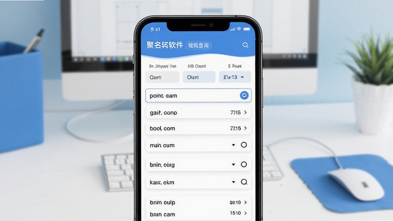 聚名软件域名查询界面展示,手机屏幕中显示多个域名后缀的查询结果列表,背景为简洁的蓝白色调办公桌面,画面清晰明亮