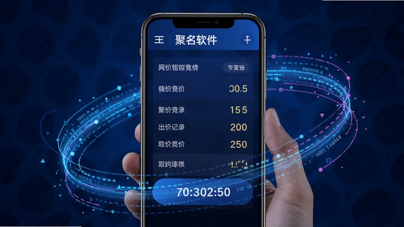 聚名软件竞价功能界面,手机屏幕显示域名竞价出价记录和倒计时,周围环绕科技感的数据流动线条,背景为深蓝色渐变,突出紧张激烈的竞拍氛围