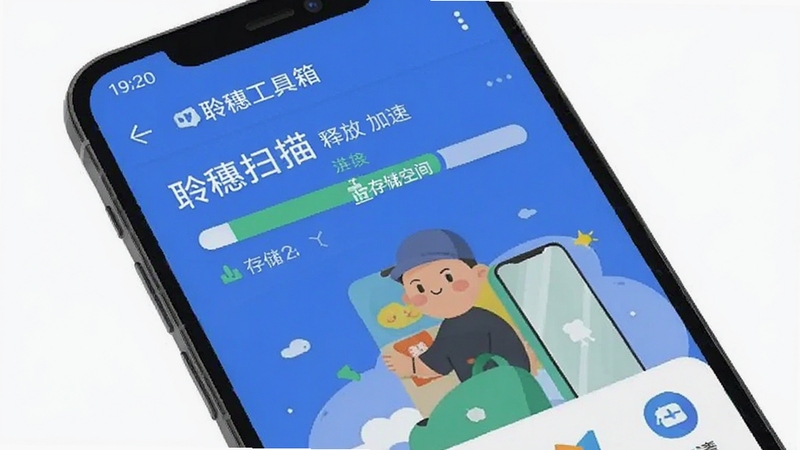 聆穗工具箱 手机清理界面 垃圾扫描 进度条 存储空间 释放 加速 手机屏幕 扁平化插画
