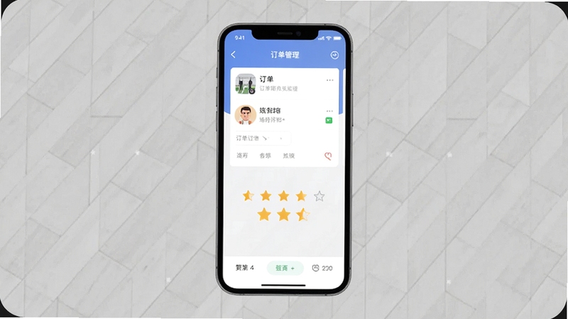 找球馆APP订单管理与场馆评价页面,画面主体为手机屏幕坐标居中,屏幕中展示订单卡片与五星评分组件,背景区域为浅灰色运动地板纹理,整体风格干净专业,适配Boogu模型生成