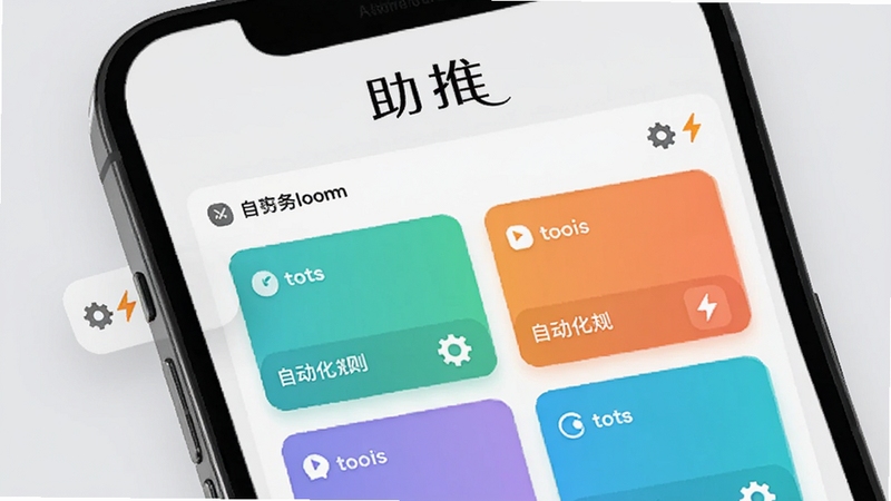手机屏幕显示助推应用的任务聚合面板,面板上有多个彩色任务卡片整齐排列,旁边有齿轮与闪电图标表示自动化规则,背景为柔和的浅灰色,画面突出效率与秩序感,软件名称助推以优雅字体出现在界面顶部