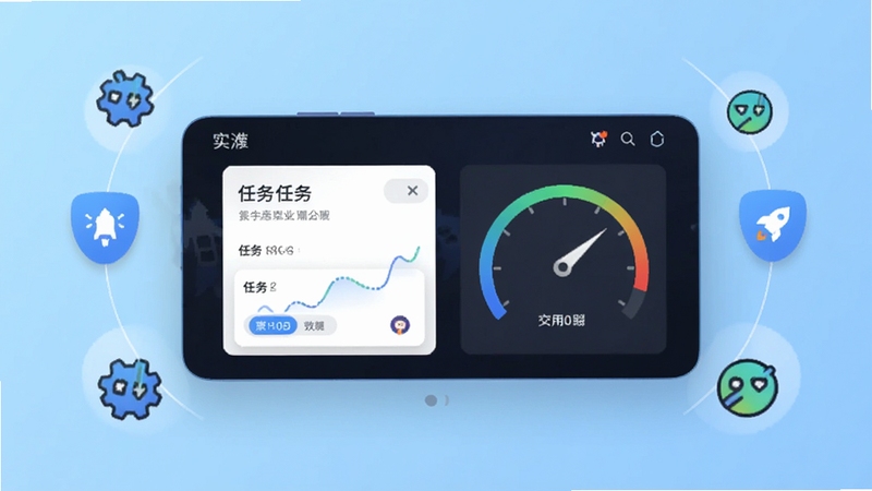 一款名为助推的安卓应用主界面悬浮在浅蓝色渐变背景中央,界面展示任务卡片与效率仪表盘,四周环绕代表快捷操作的小图标,整体风格简洁明快,科技感与实用感兼具,画面清晰,构图居中,适配移动端展示