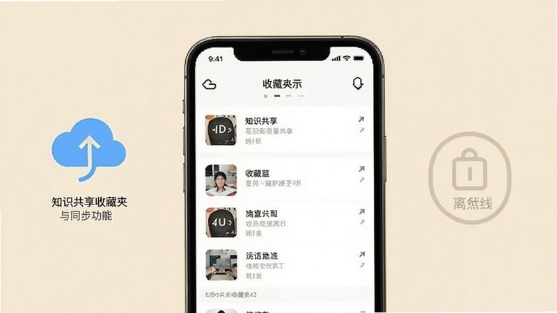 知识共享收藏夹与同步功能展示,画面主体为手机屏幕显示收藏列表,背景区域为淡雅米色,细节包含云同步图标与离线标识,风格简约实用