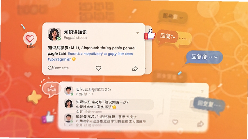 知识共享社区互动界面,画面主体为用户发布的知识卡片与评论区,背景区域为暖色调渐变,细节包含点赞图标与回复气泡,营造活跃交流氛围