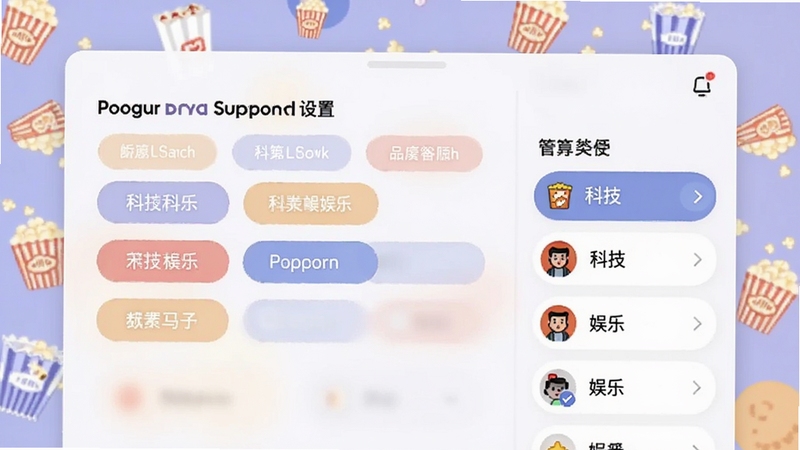 Popcorn ���Ի��������ý���ͼ������չʾ�����Ȥ��ǩ��ť��Ƶ�������б����û����ڹ�ѡ�Ƽ�������Ƶ��������ɫ����ͣ��������� Popcorn Ʒ��Ԫ�أ����� Boogu ģ������