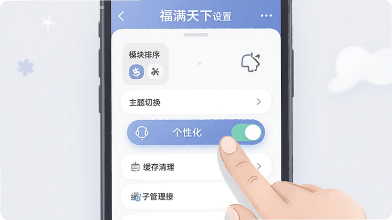 福满天下软件设置页面截图风格插画,画面中一只手正在点击手机屏幕上的个性化开关按钮,屏幕内显示模块排序、主题切换、缓存清理等选项,背景为淡灰色,整体色调柔和,体现