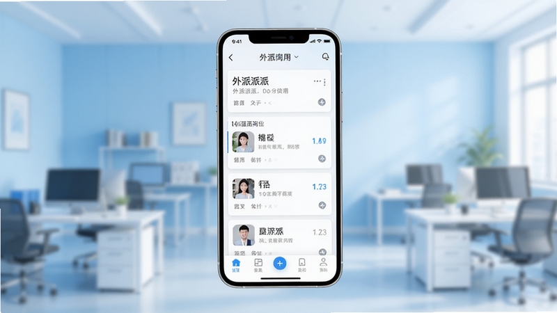 外派派应用主界面全景展示,画面中央为手机屏幕正视图,屏幕内呈现外派派岗位列表与底部导航栏,背景为浅蓝色渐变办公场景虚化,整体风格简洁明亮,适配Boogu模型生成