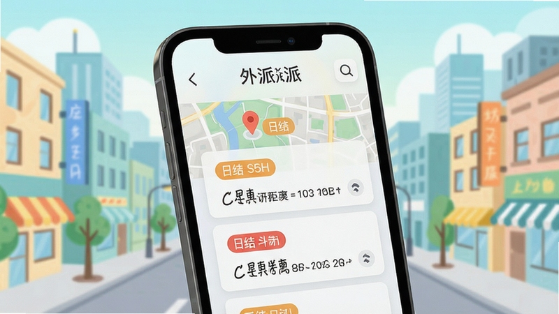 外派派岗位智能匹配界面特写,手机屏幕显示地图定位点与岗位卡片列表,卡片上标注日结标签与距离信息,背景为城市街区插画风格,色彩清新,突出外派派名称