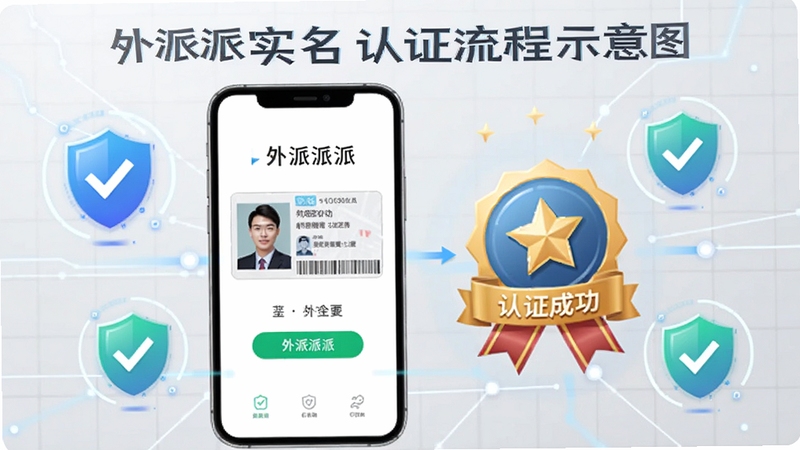 外派派实名认证流程示意图,画面展示手机屏幕内身份证上传界面与认证成功徽章,周围环绕盾牌与对勾图标,背景为淡灰色科技感网格,整体体现安全可靠,包含外派派字样
