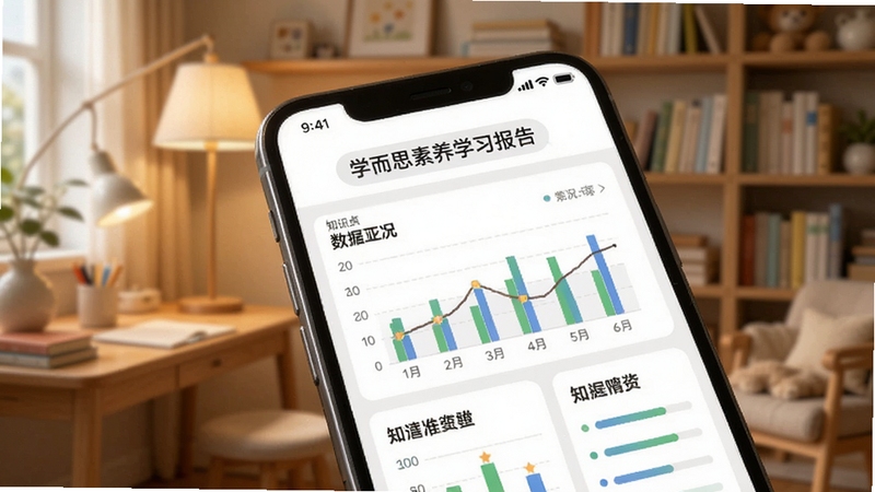 学而思素养学习报告页面,手机屏幕特写,显示数据图表和知识点掌握情况,背景为温馨家庭书房,柔和光线,简洁现代风格