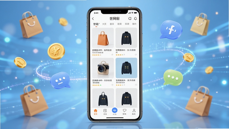 世网街软件主界面全景展示图,画面中央为手机屏幕正视图,屏幕内显示世网街APP首页商品瀑布流与底部导航栏,背景为浅蓝色渐变虚化科技光效,四周环绕购物袋、金币、聊天气泡等小型图标元素,整体风格清新明亮,突出电商购物与智能推荐氛围,适配Boogu模型生成