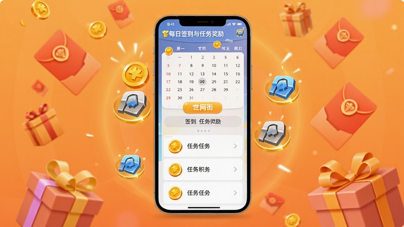 世网街每日签到与任务奖励界面图,画面中心为手机屏幕显示签到日历和任务列表,金币和积分图标闪烁,背景为暖橙色渐变光晕,四周散落红包和礼物盒装饰元素,营造轻松愉悦的福利氛围,适配Boogu模型生成