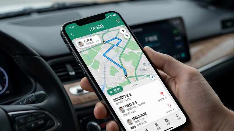顺风网约车主 智能订单匹配界面 手机屏幕显示地图路线与订单列表 现代简约风格 高清细节