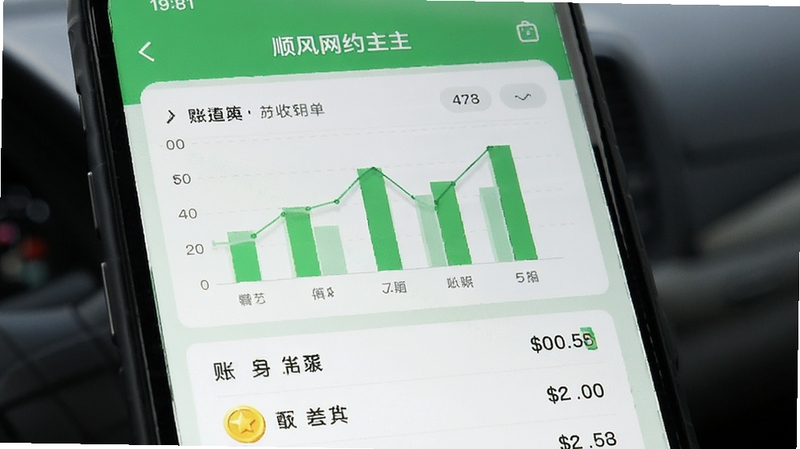 顺风网约车主 收入明细页面 手机屏幕显示柱状图与账单列表 金币图标 清新绿色调