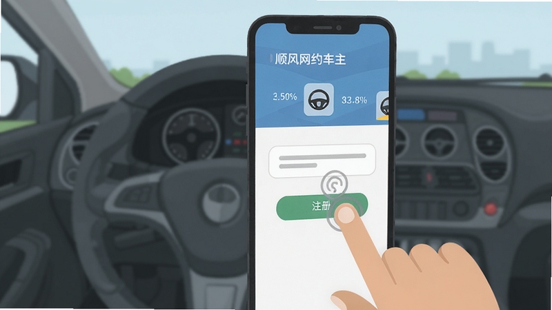 顺风网约车主 新手操作界面 手机屏幕展示注册登录流程 简洁扁平化设计 手指点击图标