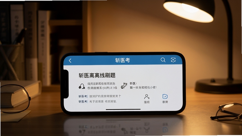 斩医考离线刷题场景,画面展示手机横屏放置于桌面,屏幕内为护眼模式下的题目页面,背景为夜间书房环境,暖色台灯照亮斩医考界面,整体氛围安静专注