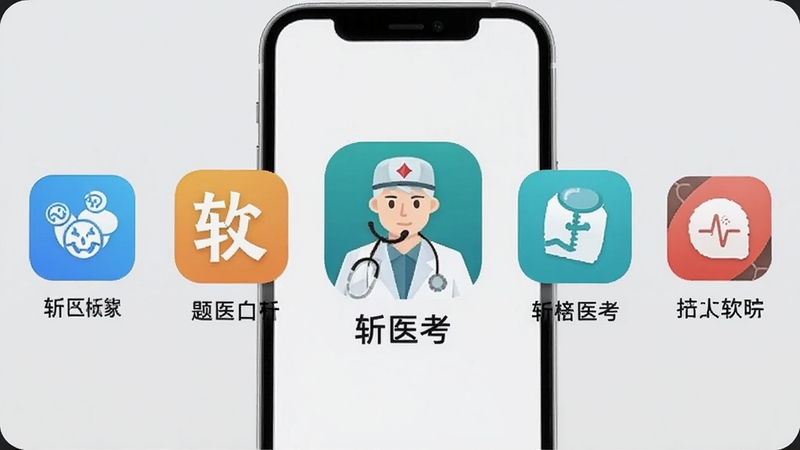 斩医考同类软件对比图,画面展示五款医学刷题APP图标横向排列于手机屏幕中,背景为浅灰色极简风格,每个图标下方标注功能关键词,斩医考图标位于中心位置突出显示