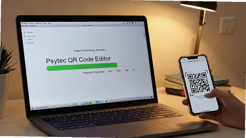 һ̨�ʼǱ�������Ļ����ʾPsytec QR Code Editor�������������������Ա߷���һ���ֻ�����ɨ�������Ļ�ϵĶ�ά�룬���滷��Ϊ�ӼҰ칫��񣬻��������ͣ�ͻ������ʵ�ó���