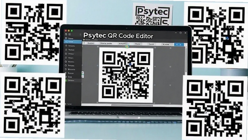 ��������չʾһ̨��Psytec QR Code Editor�����ıʼǱ����ԣ���Ļ��ʾ��ά��༭���棬��Χ���ƶ�������ɵĺڰ׶�ά��ͼ��������Ϊ����ǳ��ɫ�칫���棬�������������죬ͻ��������������Ĺ���