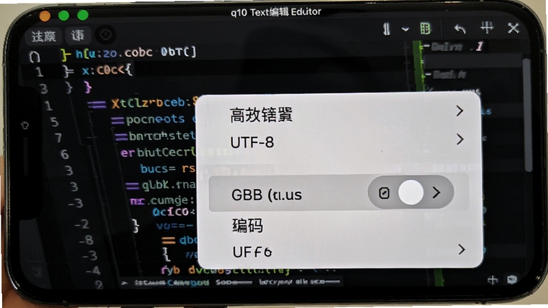 q10�ı��༭��������Զ�ʶ����棬�ֻ���Ļ��ʾUTF-8��GBK�����л��˵�������Ϊ��ɫ����༭�����������������