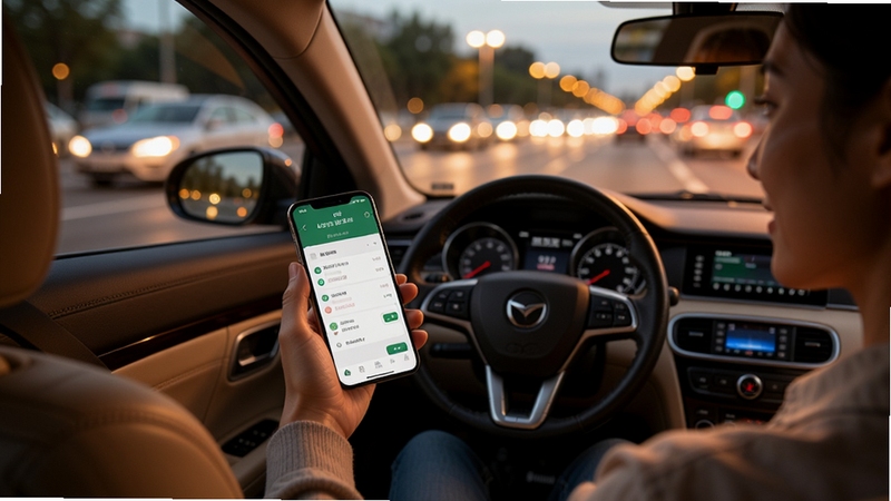 ����չʾһλ�������ڼ�ʻ���ϣ��ֳ��ֻ�ʹ�ó������з���ͨAPP�鿴ͨ�м�¼���ֻ���Ļ������͹�â�����ڻ�����ܰ���ʣ�����Ϊ�������е�·�ƹ⣬���дʵ��ů��ͻ���˳������
