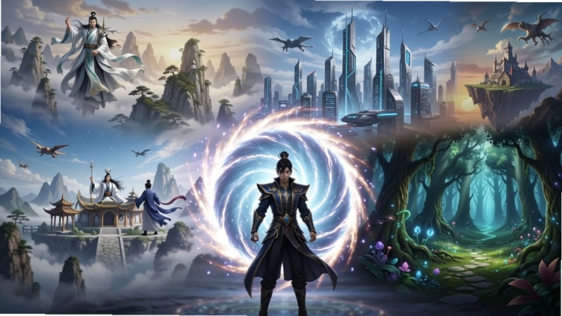 万界无双多元宇宙冒险场景,主角站在传送门前方,身后是不同世界的虚影交叠,有仙侠山峰、科幻都市、魔法森林等元素,画面色彩丰富