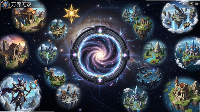 万界无双游戏主界面全景展示,画面中央是宏大的多元宇宙传送门,周围环绕着不同风格的世界碎片,背景是浩瀚星空,画面明亮清晰,适合Boogu模型生成