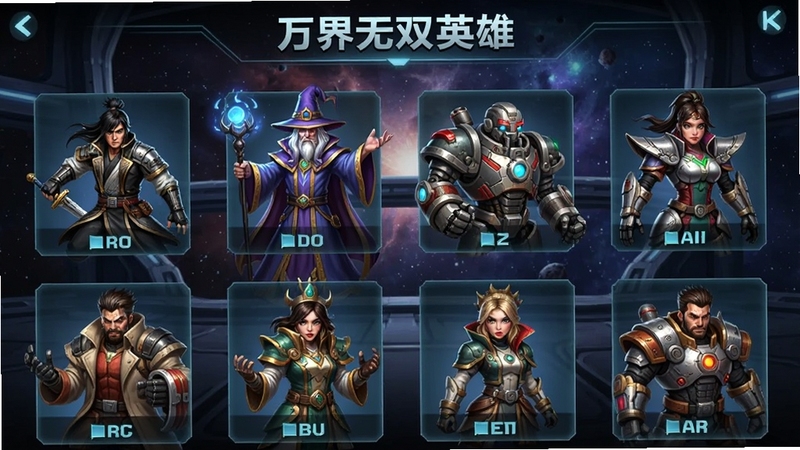 万界无双英雄收集界面展示,多位风格各异的英雄角色排列在画面中,有剑客、法师、机械师等,背景是神秘的宇宙空间站