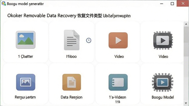 Okoker Removable Data Recovery �ָ��ļ�����ѡ����棬����չʾ������ͼƬ���ĵ�����Ƶ�ȷ���ͼ���������룬����Ϊ��ɫ�����ͻ�����ܷ���������Booguģ������