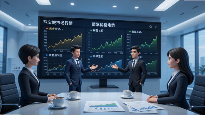 �����鱦���г�������棬����Ļ����ʾ�Żƽ���ʯ�����ļ۸���������ͼ����λ������װ�������ɫ����Ļǰ���ۣ����Ϸ��ſ��Ⱥͱ������ִ��칫�ҷ����ɫ���ƹ⣬ͻ�����ݸк���ҵ��Χ