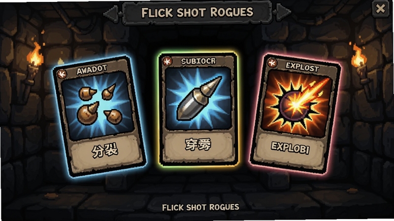 Flick Shot Rogues 强化选择界面,三张随机技能卡牌悬浮在屏幕中央,卡牌上分别绘制分裂弹、穿透弹和爆炸弹图标,背景为暗色地牢墙壁,突出roguelike构筑氛围