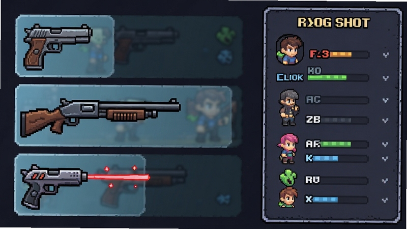 Flick Shot Rogues 武器库展示画面,左侧排列手枪、霰弹枪、激光枪等武器图标,右侧显示角色属性面板,整体界面简洁清晰,带有像素与卡通混合风格